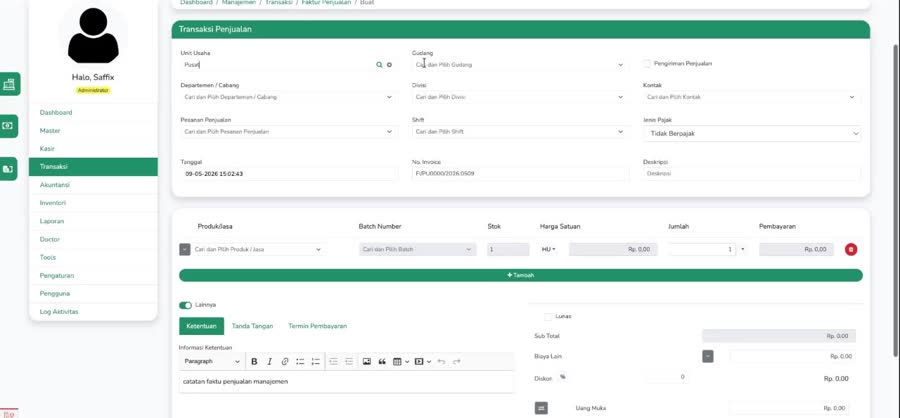 Form Faktur Penjualan dengan No. Invoice yang baru