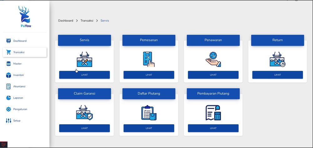 Gambar 2.1 — Submenu pada menu Transaksi: Servis, Pemesanan, Penawaran, Return, Claim Garansi, Daftar Piutang, dan Pembayaran Piutang.