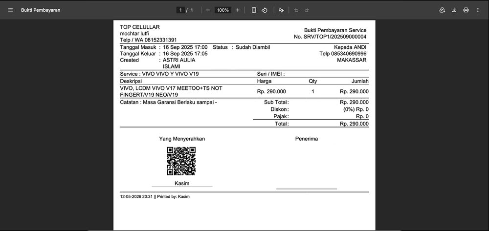Gambar 7.2 — Pratinjau Bukti Pembayaran Service. Dokumen menampilkan ringkasan transaksi, total, dan QR-code tanda tangan.
