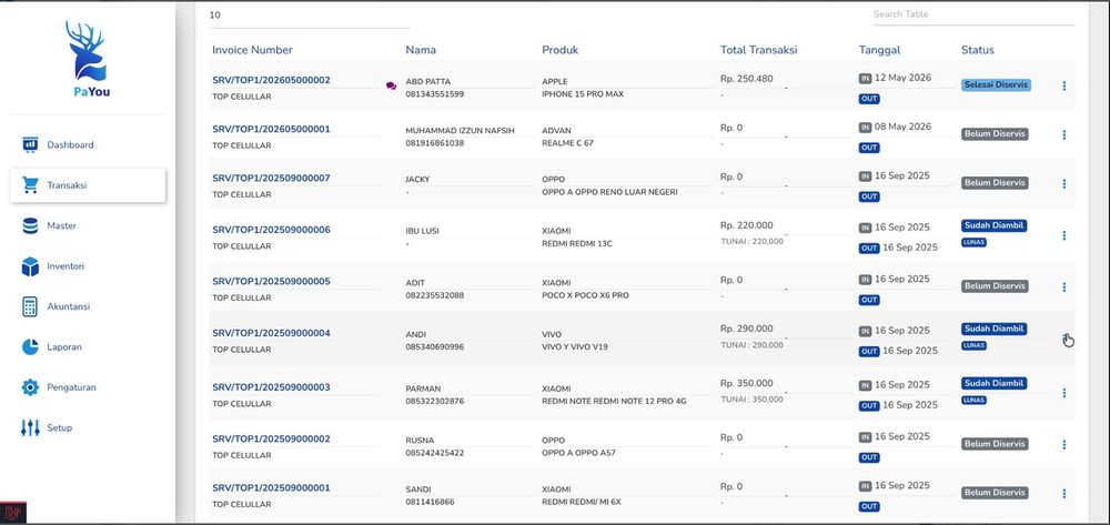 Gambar 7.1 — Daftar Servis terbaru. Baris paling atas (SRV/TOP1/202605000002) kini berstatus Selesai Diservis dengan total Rp. 250.480.