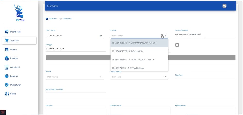 Gambar 4.3 — Dropdown daftar kontak pelanggan yang sudah terdaftar.