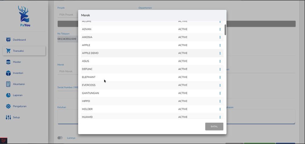 Gambar 4.7 — Pop-up daftar merek dengan kotak Cari Merek dan tombol +BARU.