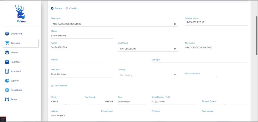 Gambar 6.2 — Form Servis dalam mode Revisi. Muncul field baru: Status, Pemeriksaan, Penilaian, Perencanaan, Tanggal Garansi, serta tampilan field perangkat sebagai teks (read-only).
