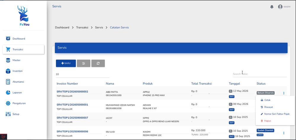 Gambar 6.1 — Menu aksi pada ikon tiga titik dengan pilihan Cetak, Revisi, Nomor Seri Faktur Pajak, dan Hapus.